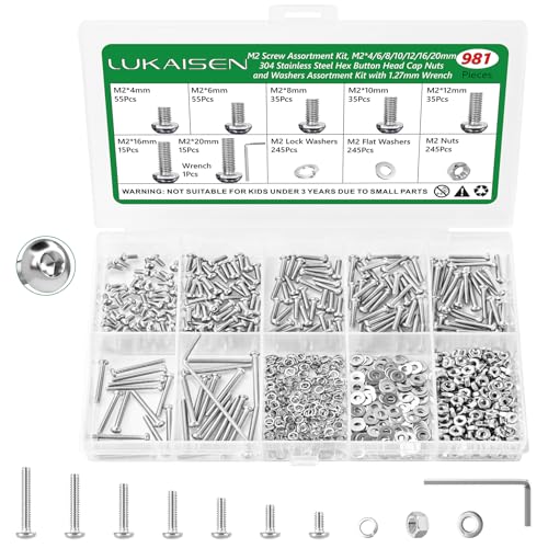981 Pcs M2 Hex Button Cap Screws Nuts Washers Wrench Kit, 304 SS | with Flat & Spring Washers, Metric Fasteners for RC Cars & Electronics, M2 x 4/6/8/10/12/16/20mm,Clear Label Storage Box - size: SS M2 981pcs 2