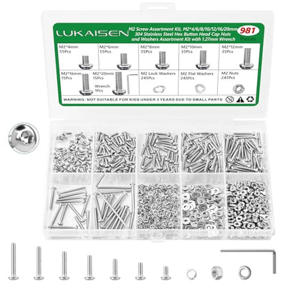 981 Pcs M2 Hex Button Cap Screws Nuts Washers Wrench Kit, 304 SS | with Flat & Spring Washers, Metric Fasteners for RC Cars & Electronics, M2 x 4/6/8/10/12/16/20mm,Clear Label Storage Box - size: SS M2 981pcs 2