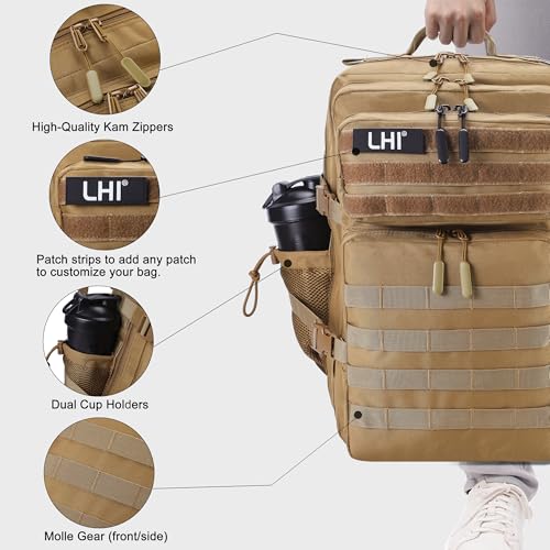 LHI Military Tactical Backpack for Men and Women 45L Army 3 Days Assault Pack Bag Large Rucksack with Shoe Compartment - color: 1.1 Khaki
