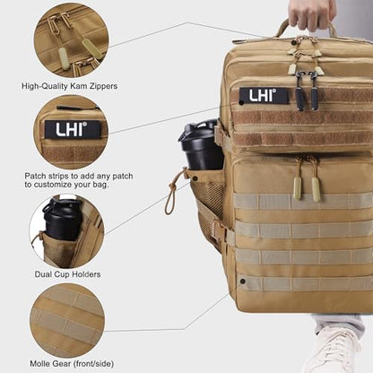 LHI Military Tactical Backpack for Men and Women 45L Army 3 Days Assault Pack Bag Large Rucksack with Shoe Compartment - color: 1.1 Khaki