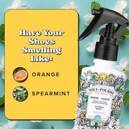 Sole-Pourri Shoe Deodorizer + Foot Spray, 3.4 Fl Oz, Up to 150 Uses, Funk-Fighting Odor Freshener with Essential Oils, for Smelly Shoes, Feet & Gym Bags, Citrus & Mint Scent - size: 1 Ounce (Pack of 1), style: Citrus Mint