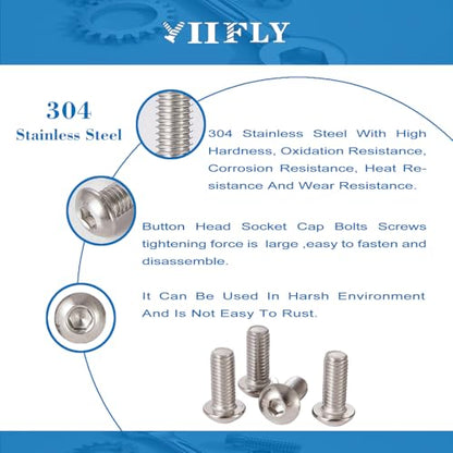 M6-1.0 Button Head Socket Cap Bolts Screws - 40/45/50/55/60mm Length Kit, 304 Stainless Steel(A2-70), Allen Drive, Bright Finish, Fully Threaded, 50-Piece Set - size: 304-Button-M6-40-60mm