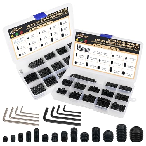1219PCS Set Screw Assortment Kit, Metric & SAE 12.9 Alloy Steel Screws | 26 Sizes Internal Hex Allen Drive Cup Point Grub Screws for Bathroom Fixtures, Door Handles, M3-M8 & 1/8"-40 to 5/16"-18 - color: Black, size: 1219PCS