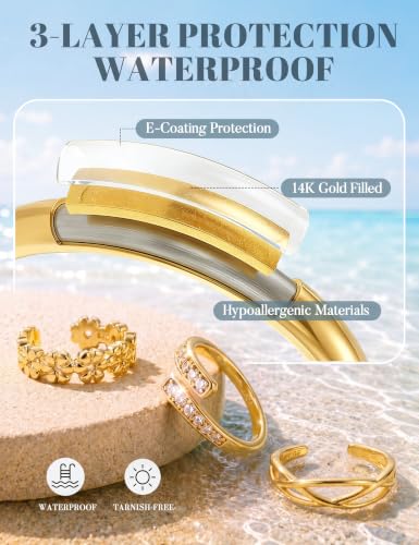 FIASASO 3Pcs Gold Filled Toe Rings for Women Non Tarnish 14K Gold Filled Toe Ring Adjustable Flower Cz Dainty Toe Ring Summer Beach Open Toe Rings Set Toe Jewelry Foot Jewelry - color: 14K Gold Filled flower