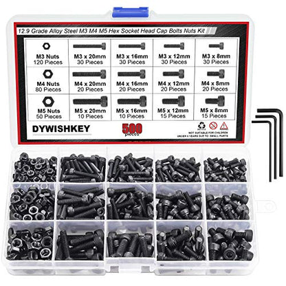 DYWISHKEY 500 Pieces M3 M4 M5, 12.9 Grade Alloy Steel Hex Socket Head Cap Bolts Nuts Assortment Kit with Hex Wrenches - size: M3 M4 M5, style: Socket Head
