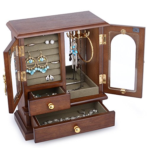Kendal Wooden Jewelry Box for Women, Solid Jewelry Holder Organizer, Mothers Day Gifts, Wood Jewelry Case with Mirror for Necklaces, Earring, Rings (2 Side Door, Brown) - color: Brown