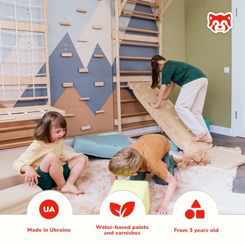 Wood And Hearts 5in1 Modular Swedish Wall Gym Set for Kids Indoor Active Play – Swedish Ladder with Adjustable Pull-Up Bar, Rock Climbing & Indoor Slide (Base Set+2-Sided Ramp with Mat+Sit-Up Bar) - style: Base Set + 2-Sided Ramp with Mat + Sit-Up Bar