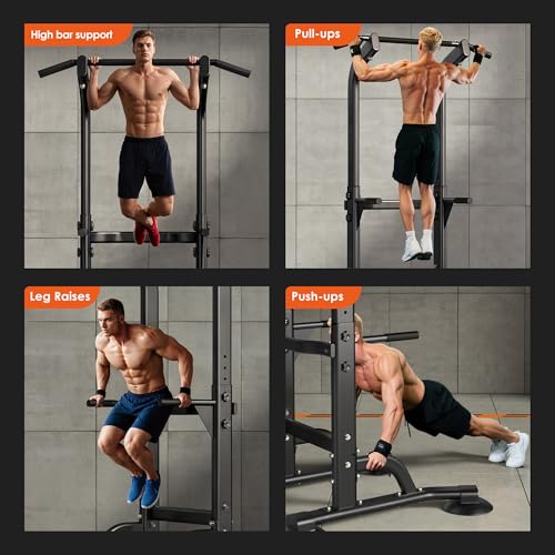 SogesPower Power Tower Dip Station Pull Up Bar for Home Gym Adjustable Height Strength Training Workout Equipment,Pull Up Bar Station - color: Black
