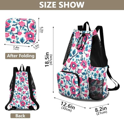 Draw String Back Bag Climbing Gym Bag With Pockets String Bag Waterproof Red Turquoise Floral Pattern
