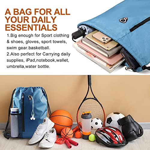 BeeGreen Blue Drawstrings Backpack Gym Sack For Men With Water Bottle Pocket &Front Zippered Pocket Large Sting Bags For WomenTraveling Yoga Beach Outdoor Gym - color: Blue Haze, style: Drawstring With Mesh Pocket