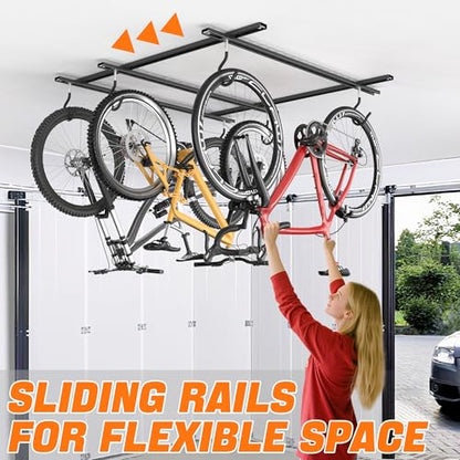 TORACK Ceiling Bike Rack for Garage, Ceiling-Mounted Bicycle Storage Hooks for 3 Bikes (Horizontal) or 6 Bikes (Vertical), Adjustable Overhead Bicycle Hooks for Mountain, Road Bike - style: 3 bikes horizontal