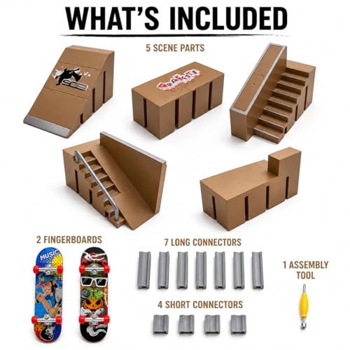 Mnixy 8-in-1 Fingerboard Skate Park Kit with 2 Mini Boards, Ramps and Rails | Includes 2 mini fingerboards, 5 ramp pieces, 18 connectors and screwdriver for building stairs, rails and custom skate parks.