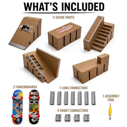 Mnixy 8-in-1 Fingerboard Skate Park Kit with 2 Mini Boards, Ramps and Rails | Includes 2 mini fingerboards, 5 ramp pieces, 18 connectors and screwdriver for building stairs, rails and custom skate parks.