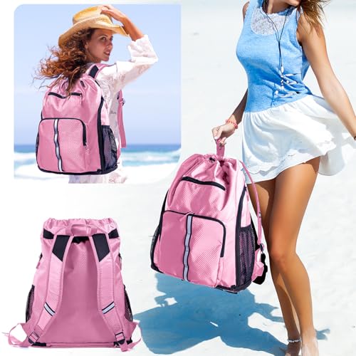 Large Beach Backpack Waterproof Sandproof - Customized Oversized Drawstring Pool Bag with Shoe Compartment for Toiletries, Towels, Gym, Travel - color: Light Pink, size: Large