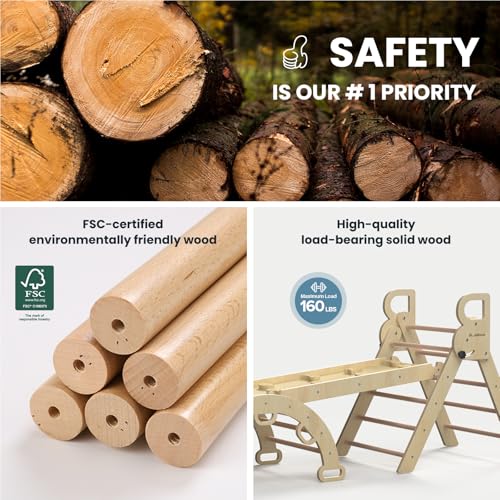 Pikler Triangle Set with Safe Handle, Climbing Toys for 1-3 Year | Foldable 7-in-1 Montessori Toddler Climbing Toys Indoor, Wooden Pickler Climbing Set, Baby Jungle Gym & Playground, Natural - color: Natural Wood