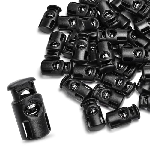 CooBigo 50PCS Single Hole Plastic Cord Lock for Paracord,Spring Toggle Stopper Clasps for Drawstring Bungee Elastic Shoelace Lock Gloves Hoodie Sweatpants String Clip Replacement - color: 01-black 50pcs