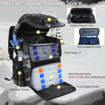 Fishing Backpack with Rod Holder, Large 50L Tackle Bag Water Resistant Tackle Backpack Heavy Duty Fishing Bag Gift for Men Woman - color: J: Gray