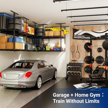 FLEXIMOUNTS 4x8 2-Tier Garage Ceiling Storage Rack, Black | 1000 lbs Capacity, Adjustable Height Overhead System, Heavy Duty Metal Shelving, Ideal for 9-15 ft High Ceilings