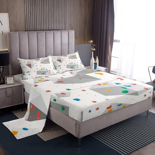 Erosebridal Climbing Wall King Sheet Set for Kids Teens Adults, Colorful Climbing Holds Printed Bed Sheets Set, Rock Climbing Bouldering Sheets, Bouldering Sports Theme Flat Fitted Sheet - color: Grey White, size: King