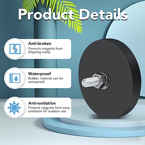 DIYMAG Rubber Coated Neodymium Magnets 30lbs 12pcs | Anti-Scratch Large Magnet Base, with M5 Threaded Studs Nuts, Powerful Holding, For Light Bar, Camera, PTZ Installation - size: M5-30LB-1.69in