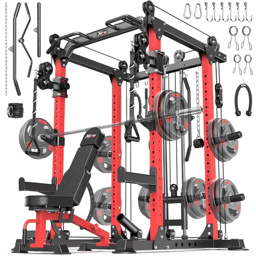 Power Rack Power Cage Multi-Function Squat Rack with Cable Crossover System Selectable More Training Attachment Power Rack for Garage & Home Gym - color: Red, size: B Set L02 Power Cage+Weight Bench