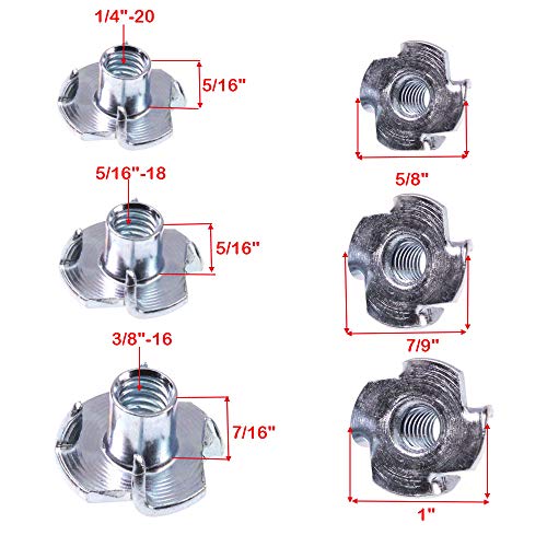 T-Nut 1/4"-20,5/16"-18, 3/8"-16, (100 Pack) 4 Pronged Tee Nut Assortment Kit,for Rock Climbing Holds, Wood, Cabinetry, etc.