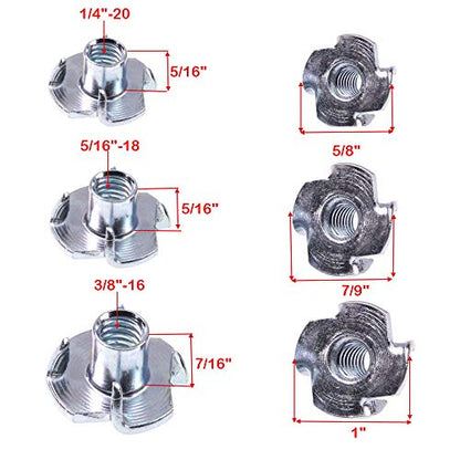 T-Nut 1/4"-20,5/16"-18, 3/8"-16, (100 Pack) 4 Pronged Tee Nut Assortment Kit,for Rock Climbing Holds, Wood, Cabinetry, etc.