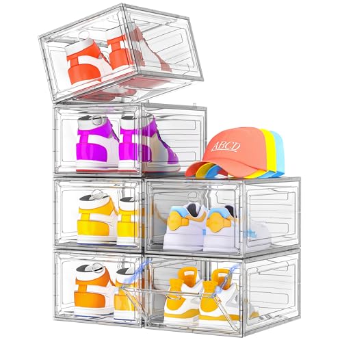 Sturdy Clear Shoe Organizer with Magnetic Door, Stackable Shoe Storage Box | Thick Plastic Shoe Storage for Sneakers & Boots, Collapsible Closet Shoe Rack and Clear Shoe Box, 6 Pack White - color: White, size: 6 pcs