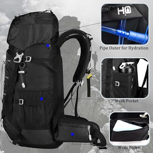 60L Travel Hiking Camping Backpack with Rain Cover, Backpack Water Resistant,Climbing Backpack for Men Women - color: Black