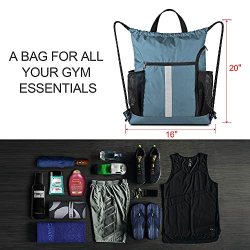 BeeGreen Blue Sport Cinch Bag String Backpack with Shoe Compartment and Two Side Mesh Pockets Machine Washable Sturdy Gymsack Drawstring Sackpack - color: Blue Haze, style: Drawstring With Shoe Compartment
