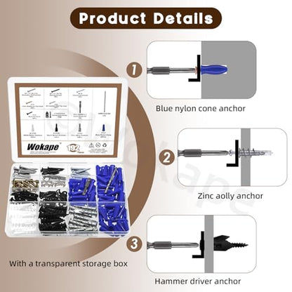 192Pcs Self Drilling Drywall Anchor Assortment Set Plastic Metal Wall Anchors and Screws Kit for Cement Walls, Hollow Walls, Wood Walls and Brick Wall