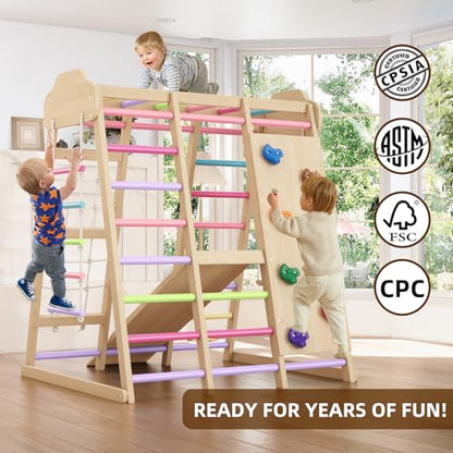 9 in 1 Indoor Playground for Kids, Montessori Wooden Toddler Jungle Gym Indoor with Slide, Swing, Rope Ladder, Climbing Net, Rock Wall and DIY Name Stickers, Playground Playset for Boys and Girls