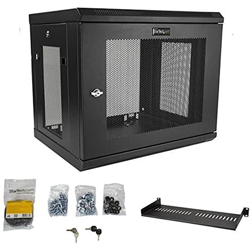 StarTech 9U Wall-Mount Cabinet, 19in, 2-Post, 15in Deep, 198lb (RK9WALM) | Enclosed locking server rack kit for IT data equipment, Max depth 15in, SPCC steel, Includes 1U shelf, Assembled - size: 9U, style: fixed 15" depth