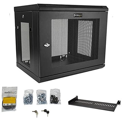 StarTech 9U Wall-Mount Cabinet, 19in, 2-Post, 15in Deep, 198lb (RK9WALM) | Enclosed locking server rack kit for IT data equipment, Max depth 15in, SPCC steel, Includes 1U shelf, Assembled - size: 9U, style: fixed 15" depth