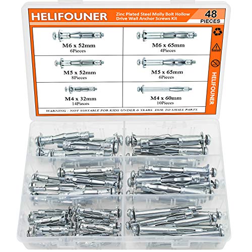 HELIFOUNER Hollow Wall Anchor Screws Set, 6 Sizes Heavy Duty Zinc Plated Steel Molly Bolt Hollow Drive Wall Anchor Screws Assortment Kit for Drywall, Plaster and Tile, 48 PCS
