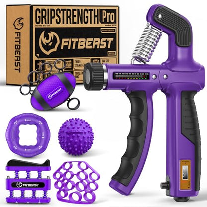 FitBeast Grip Strength Trainer, Hand Gripper Strengthener Kit - 6 Pack with Adjustable Resistance Forearm Strengthener, Forearm Exerciser and Massage Balls for Hand Therapy, Grip Training - color: Purple