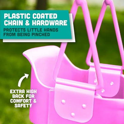 Premium High Back Full Bucket Toddler Swing Seat with Finger Grip, Plastic Coated Chains and Carabiners for Easy Install - Pink - Squirrel Products - color: Pink