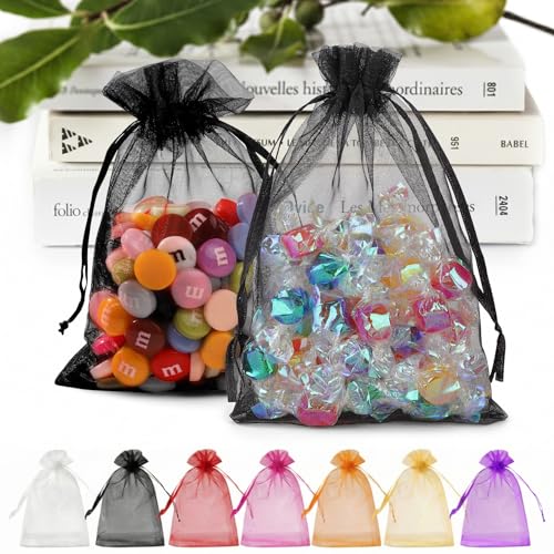 ANZNKU 50 PCS Organza Bags 5 x 7, Black Small Mesh Gift Bags Drawstring | Sheer Goodie Sachet Pouches for Wedding Party Favors Baby Bridal Shower & Halloween, Use for Candy Jewelry Soap Treats Makeup - color: Black