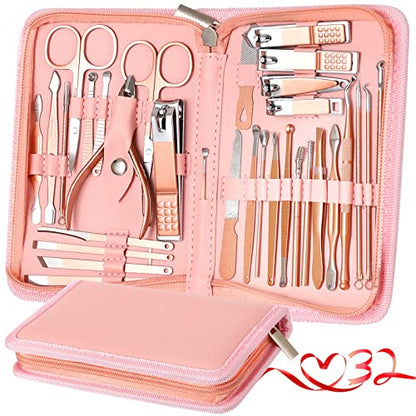 Manicure Set Pedicure Kit Womens Nail Clippers Set 32 in 1 Professional Grooming Care Tools Nail Kit Including Facial, Fingernails and Toenails Care with Travel Case Women (Rose Pink_32 in 1) - color: Rose Pink_32 in 1