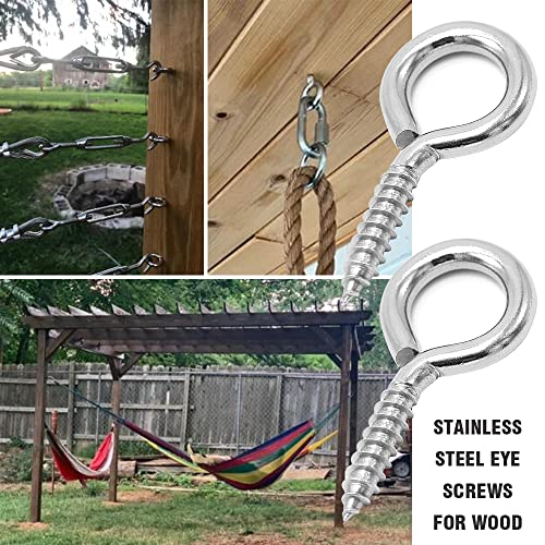 ACCZIO 8 Pack 304 Stainless Steel Eye Screws,2.5 Inch M6 Heavy Duty Eye Hooks Screw, Eye Bolts Screw in Eye Hooks for Wood, Eye Bolts for Secure Cable Wires, Indoor & Outdoor Use
