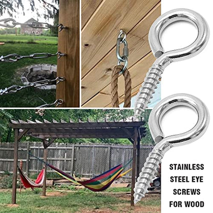 ACCZIO 8 Pack 304 Stainless Steel Eye Screws,2.5 Inch M6 Heavy Duty Eye Hooks Screw, Eye Bolts Screw in Eye Hooks for Wood, Eye Bolts for Secure Cable Wires, Indoor & Outdoor Use