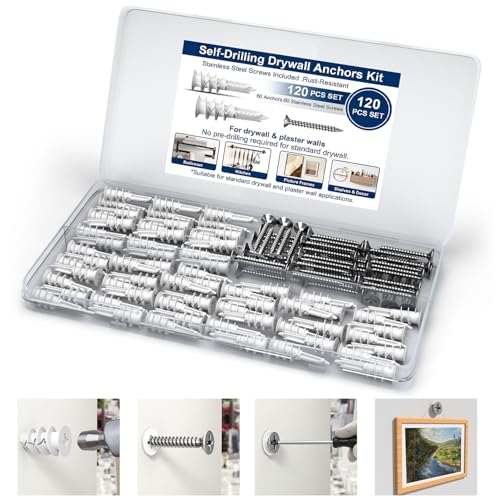 120Pcs Self-Drilling Drywall Anchors with Stainless Steel Screws #8 x 1-1/4”, Heavy Duty Wall Anchors Kit, Rust Resistant Screws, Hollow Wall Anchors for Drywall, Home Improvement DIY, Organizer Box