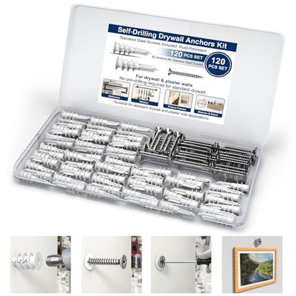 120Pcs Self-Drilling Drywall Anchors with Stainless Steel Screws #8 x 1-1/4”, Heavy Duty Wall Anchors Kit, Rust Resistant Screws, Hollow Wall Anchors for Drywall, Home Improvement DIY, Organizer Box