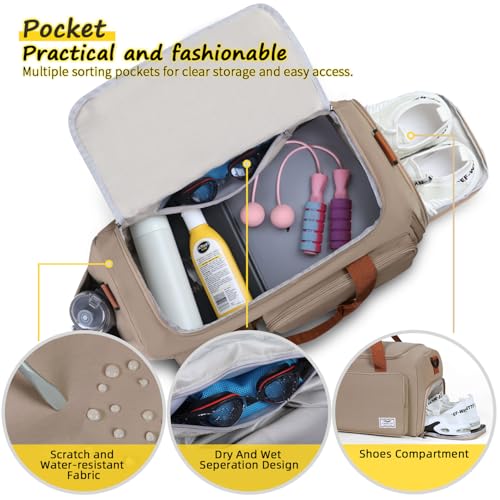 FIORETTO Women's Gym Duffle Bag with Shoes Compartment, 30L Capacity, Ideal for Travel, Gym, Sports, Duffel, Weekender - color: Khaki, style: Gym Bag