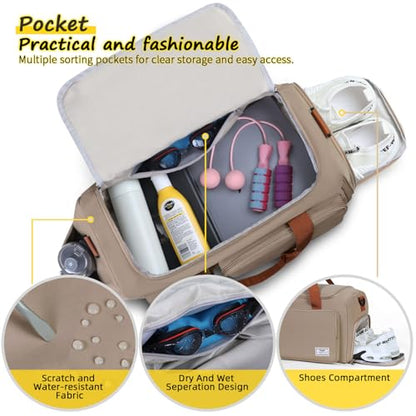 FIORETTO Women's Gym Duffle Bag with Shoes Compartment, 30L Capacity, Ideal for Travel, Gym, Sports, Duffel, Weekender - color: Khaki, style: Gym Bag