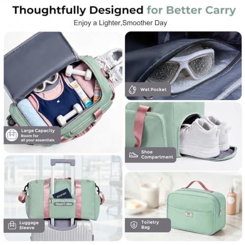 FIORETTO Women's Gym Duffle Bag with Shoes Compartment, 30L Capacity, Ideal for Travel, Gym, Sports, Duffel, Weekender - color: Green & Pink, style: Gym Bag With Toiletry Bag