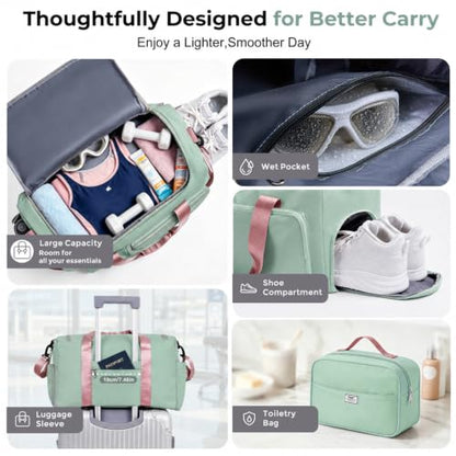FIORETTO Women's Gym Duffle Bag with Shoes Compartment, 30L Capacity, Ideal for Travel, Gym, Sports, Duffel, Weekender - color: Green & Pink, style: Gym Bag With Toiletry Bag