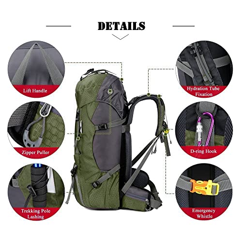 Bseash 60L Waterproof Hiking Camping Backpack with Rain Cover, Large Outdoor Sport Travel Daypack Rucksack for Climbing - color: Army Green