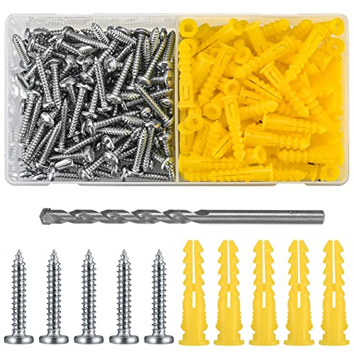 200 Pcs Concrete Wall Anchors and Screws, Super Yellow Anchor and Pan Head Screws Kits, 10# Slotted Phillips Screws and Drywall Anchor Kit for Drywall Masonry, with 1 x Drill Bit (Yellow) - color: yellow