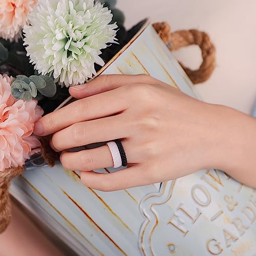Egnaro Women's Stackable Silicone Rings, 2.5/5.5mm Wide 1.8/2mm Thick Bands | Comfort-Fit Rubber Bands Offer Breathable Flexibility for Nurses, Workouts, Pregnancy, Yoga, Travel, Office, and All-Day Wear - color: SETB4-Black, White Silver Glitter, Metalli